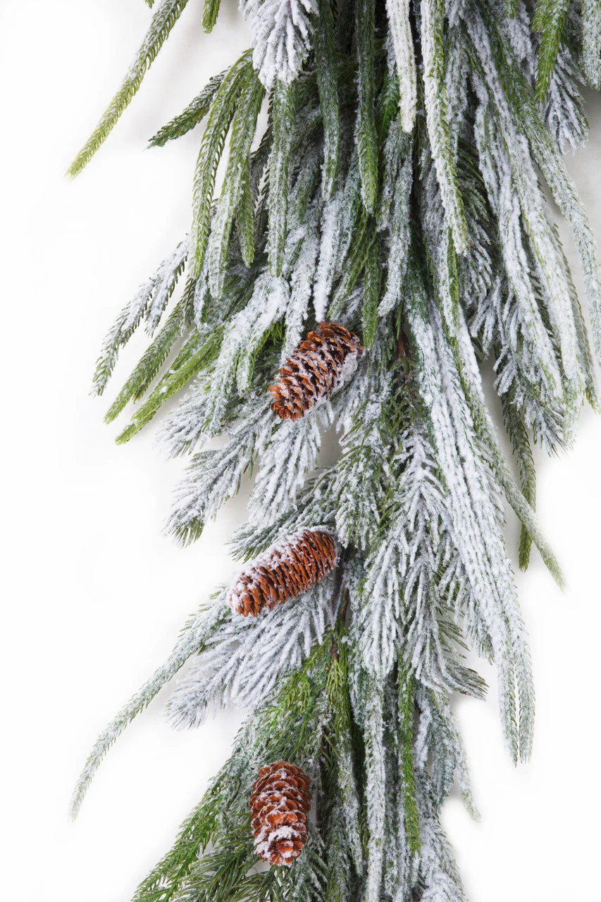 35" Soft-Touch Frosted Artificial Norfolk Pine & Pinecone Teardrop Swag -Green/White (Pack of 4) - Image 2