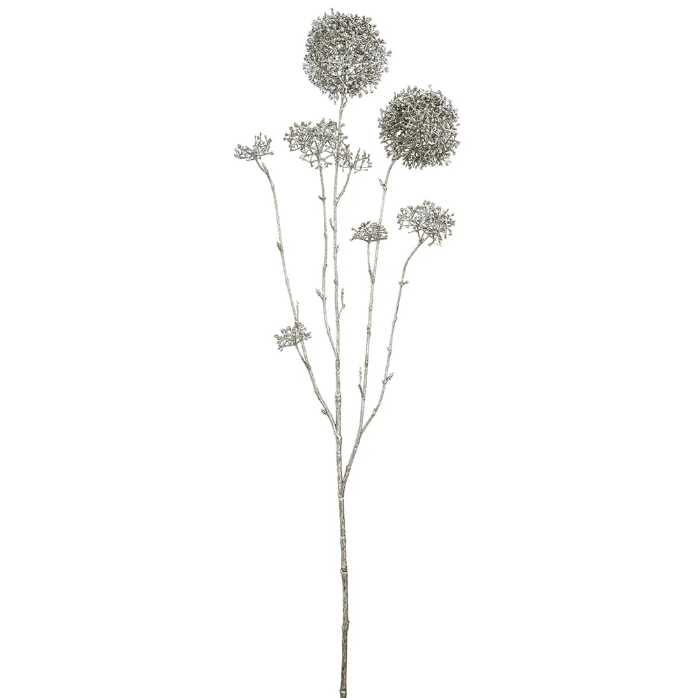 36" Artificial Frosted Metallic Skimmia Flower Stem -Silver (Pack of 12)