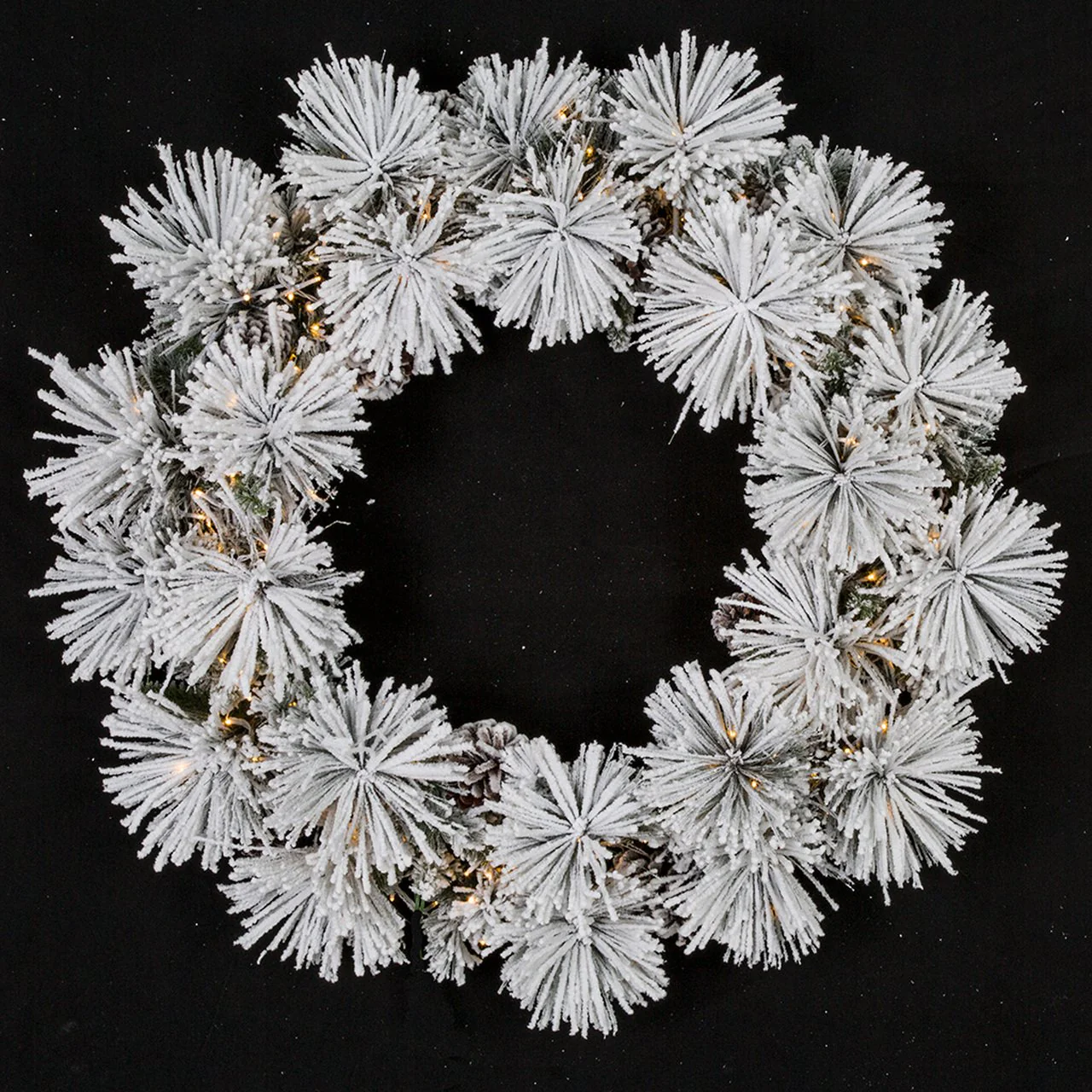 36" Flocked Artificial Bavarian Pine Wreath With Pinecones, Micro LED Pre-Lit -Green/White
