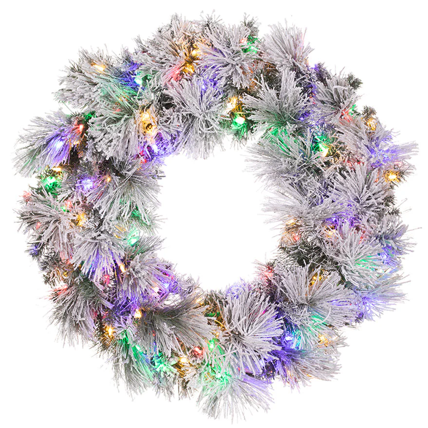 36" Flocked Pine Artificial Wreath, LED Pre-Lit (Multi-Mode) -Green/Snow