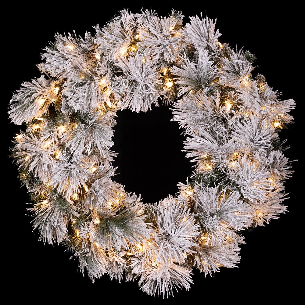 36" Flocked Pine Artificial Wreath, LED Pre-Lit (Multi-Mode) -Green/Snow - Image 3