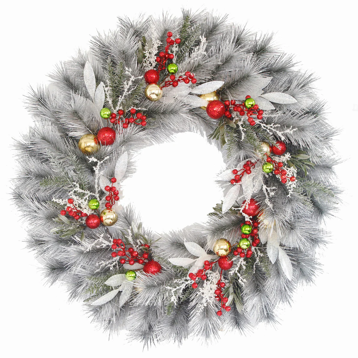 36" Longleaf Pine, Bay Leaf & Berry Artificial Hanging Wreath -Silver