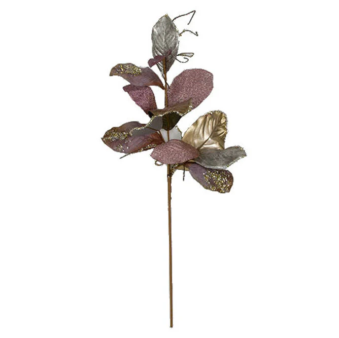 36" Metallic & Glittered Artificial Velvet Magnolia Leaf Stem -Purple/Silver (Pack of 12)