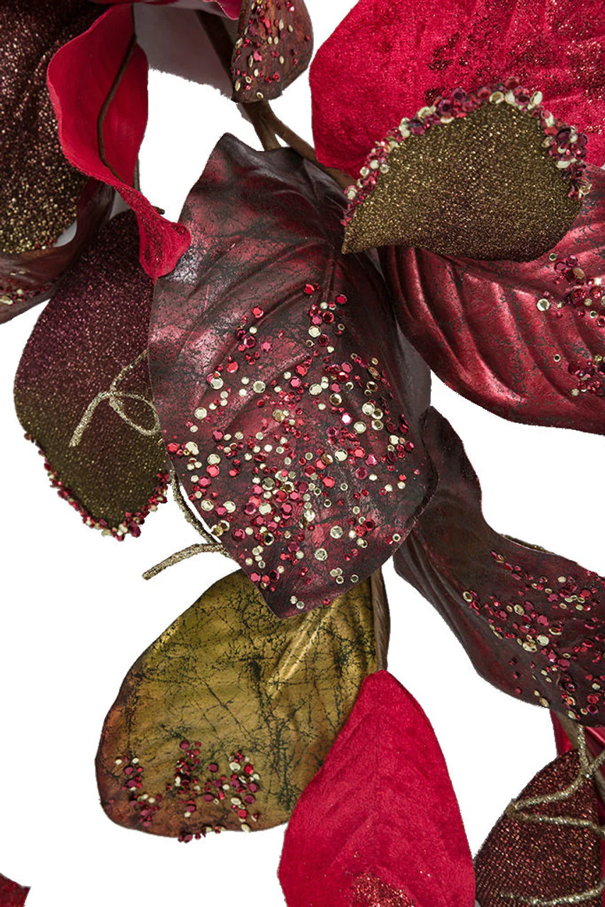 36" Metallic Sequined Artificial Magnolia Leaf Stem -Burgundy/Red (Pack of 12) - Image 2