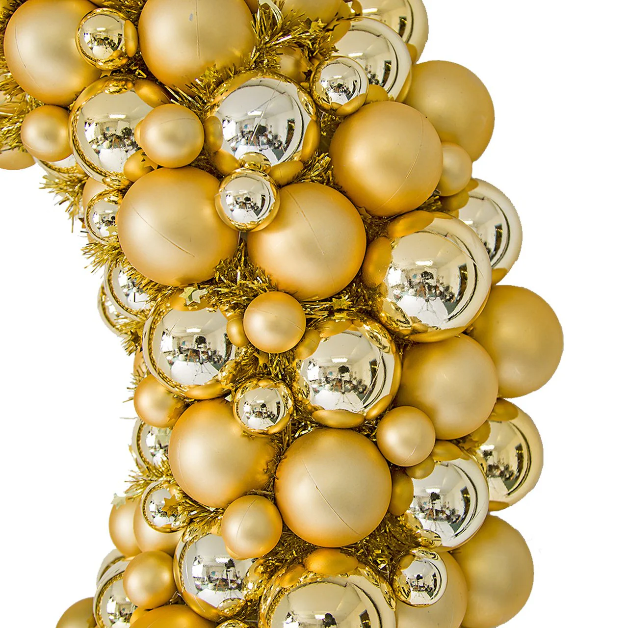 36" Mixed Plastic Matte & Reflective Ball & Tinsel Wreath -Gold - Image 2