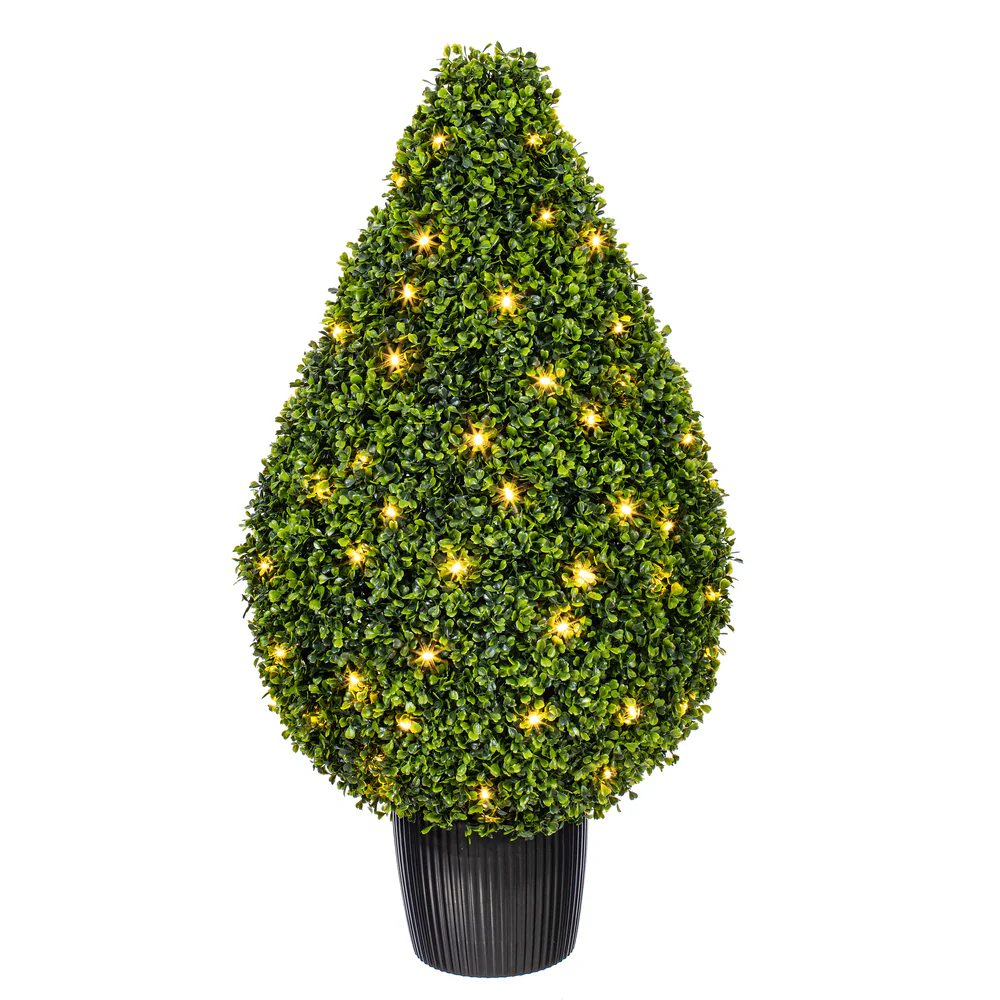 36" Outdoor UV-Resistant Artificial Boxwood Teardrop-Shaped Topiary w/Planter, Micro LED Pre-Lit -Green - Image 4