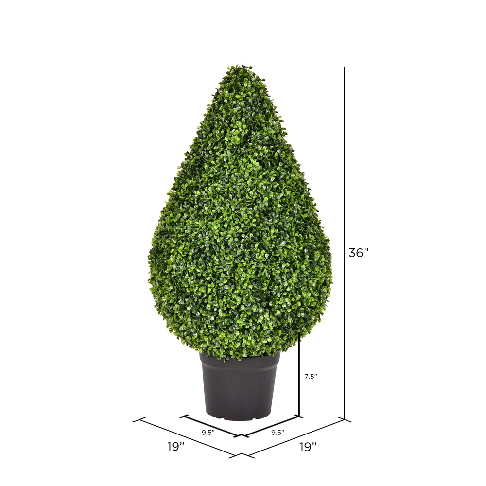 36" Outdoor UV-Resistant Artificial Boxwood Teardrop-Shaped Topiary w/Pot -Green - Image 3