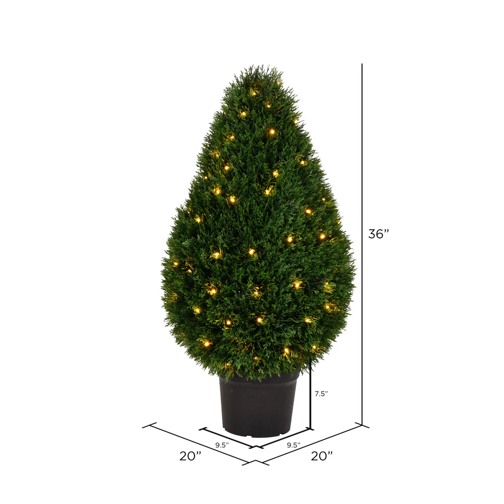 36" Outdoor UV-Resistant Artificial Cedar Teardrop-Shaped Topiary w/Planter, Micro LED Pre-Lit -Green - Image 2