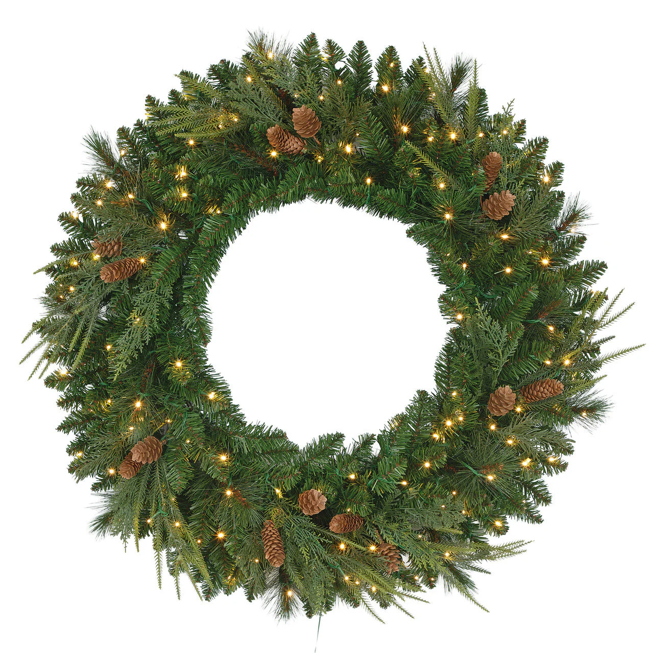 36" PE Artificial Marquett Pine & Pinecone Wreath, Micro LED Pre-Lit -Green