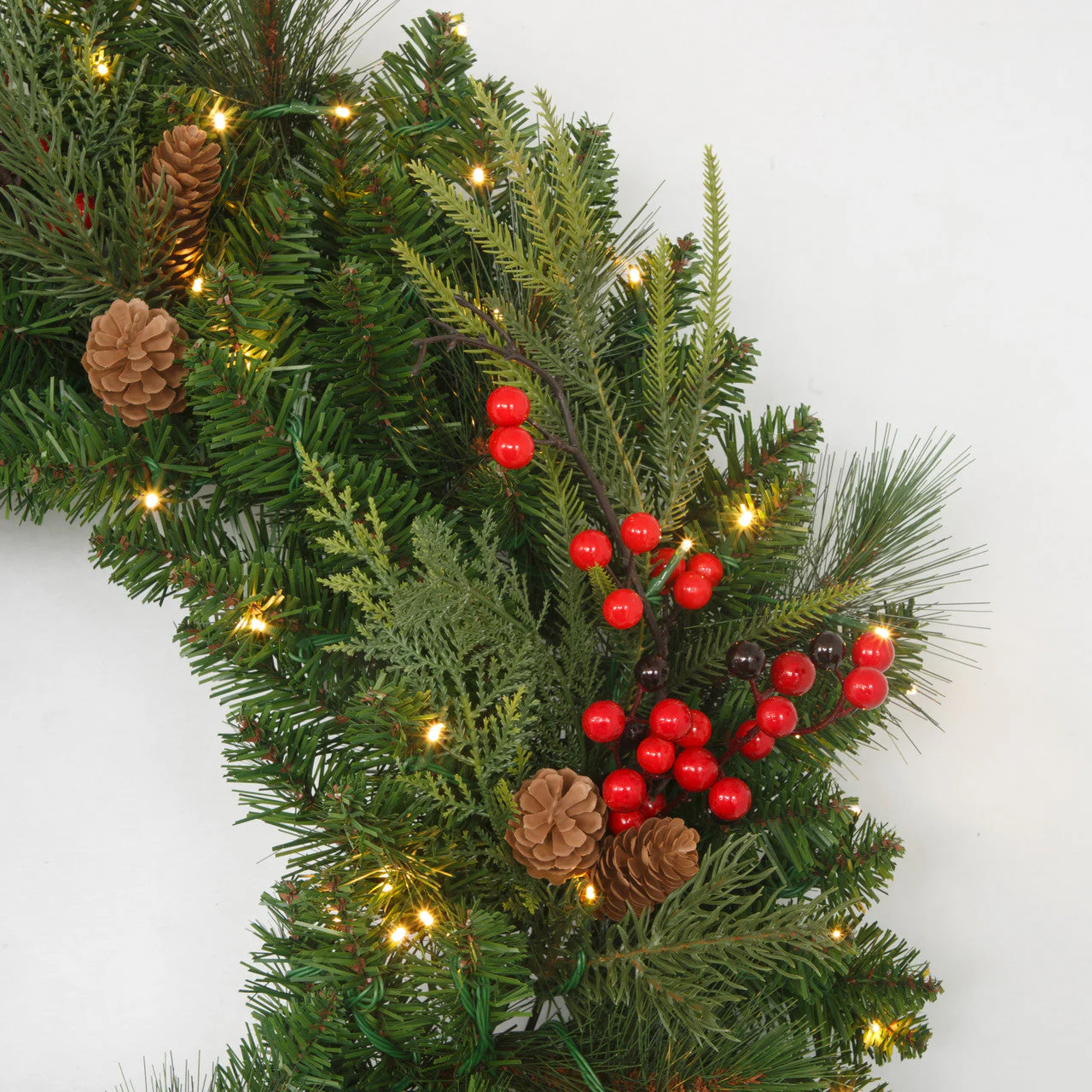 36" PE Artificial Red Lodge Mixed Pine Wreath, Micro LED Pre-Lit -Green/Red - Image 2