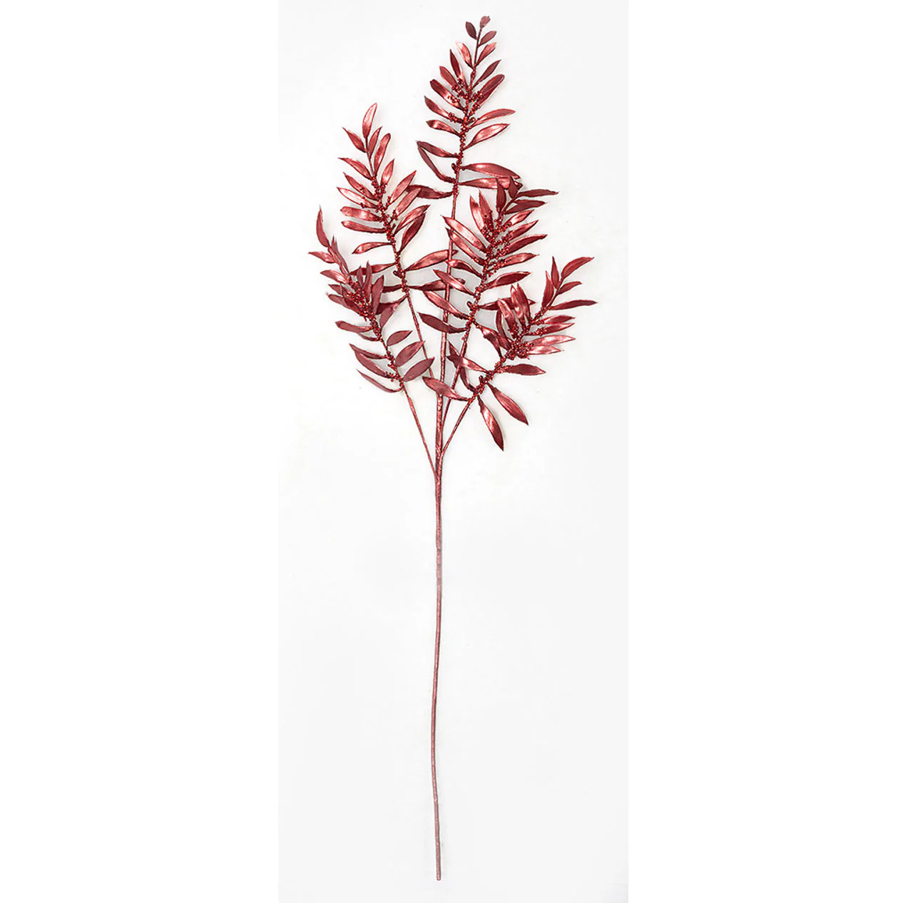 36" Shiny Metallic & Beaded Artificial Fern Stem -Red (Pack of 12)