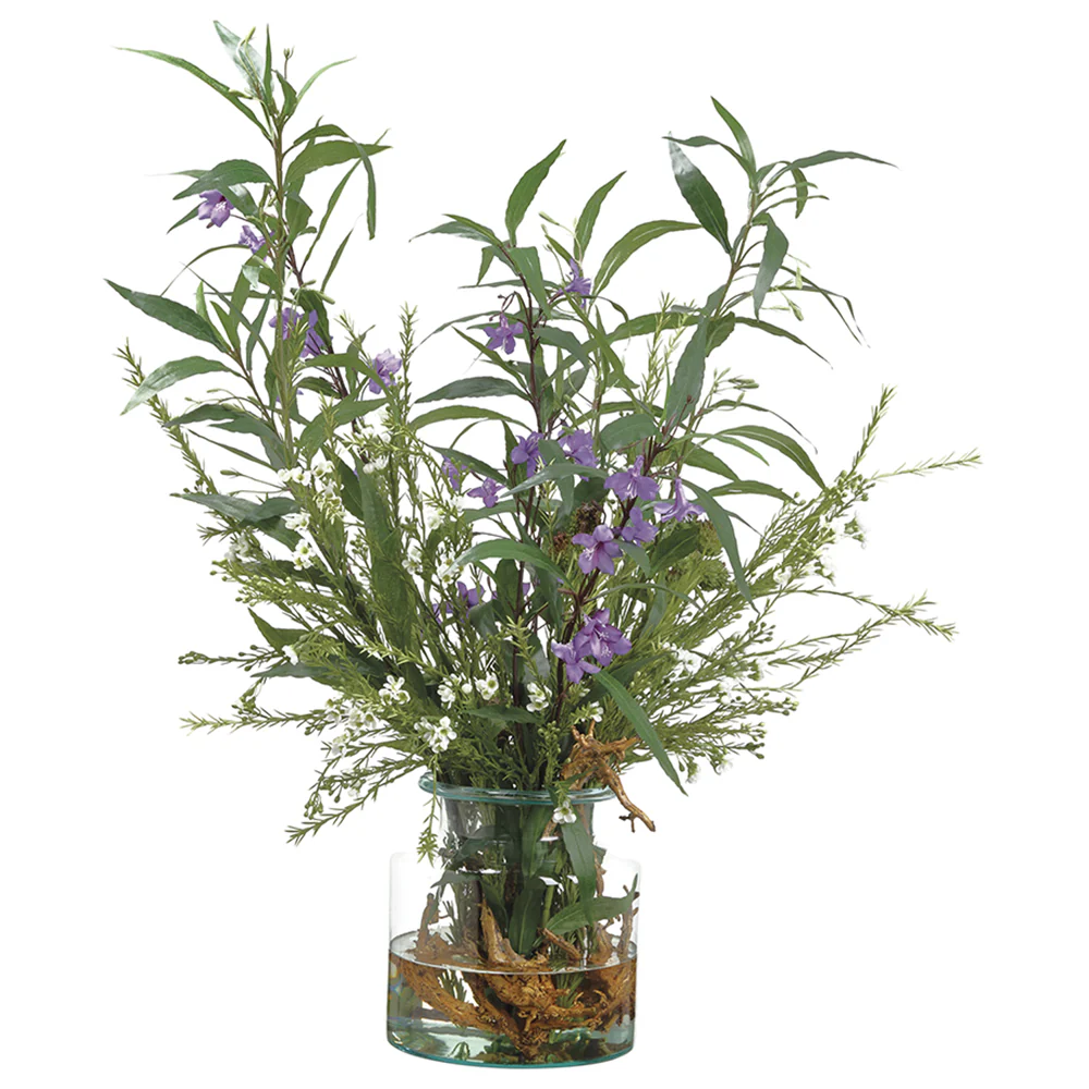 36" Silk Ruellia Flower & Rosemary Arrangement w/Glass Vase -Purple/Green