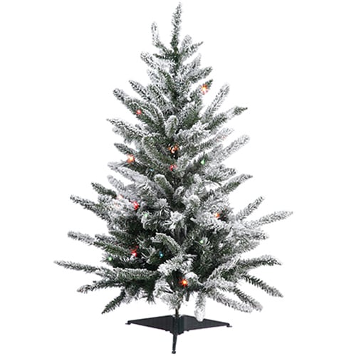 36"Hx30"W Flocked Mountain Pine Artificial Christmas Tree, Pre-Lit (Multicolor) -Green/Snow (Pack of 2)