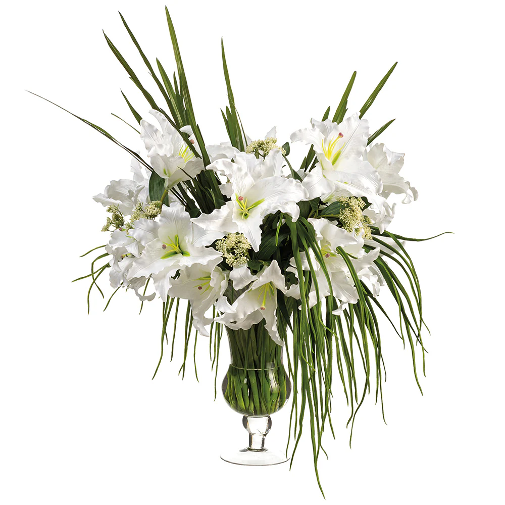 36"Hx33"W Casablanca Lily Silk Flower Arrangement w/Glass Vase -White/Green