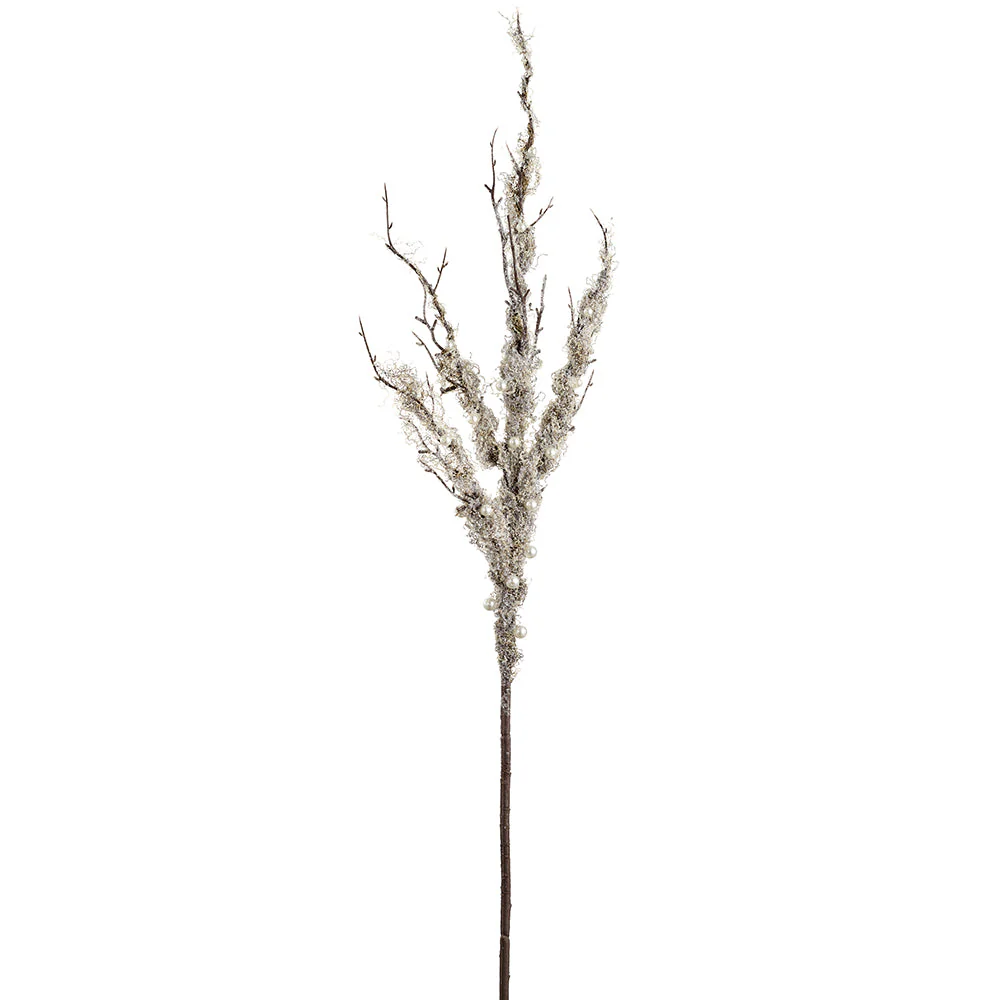 37" Flocked Artificial Moss & Pearl Stem -White/Pearl (Pack of 12)