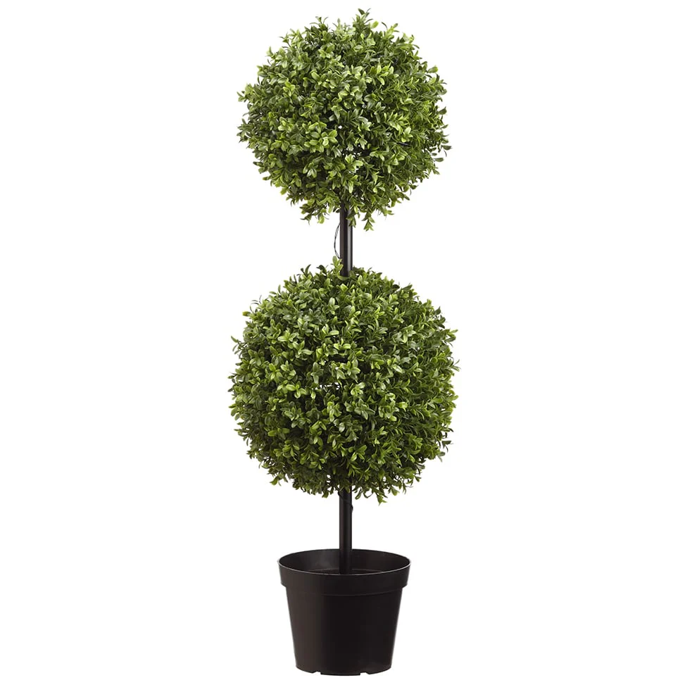 37" Outdoor UV-Resistant Artificial Double Boxwood Ball-Shaped Topiary w/Pot, Battery LED Pre-Lit -Green