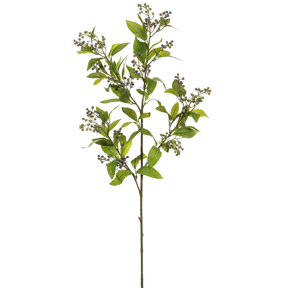 37" Silk Laurel Leaf With Berries Stem -Green/Blue (Pack of 12)