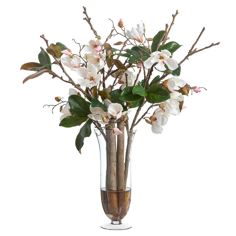 37"Hx30"W Magnolia Branches Silk Flower Arrangement w/Glass Vase -Pink/Blush