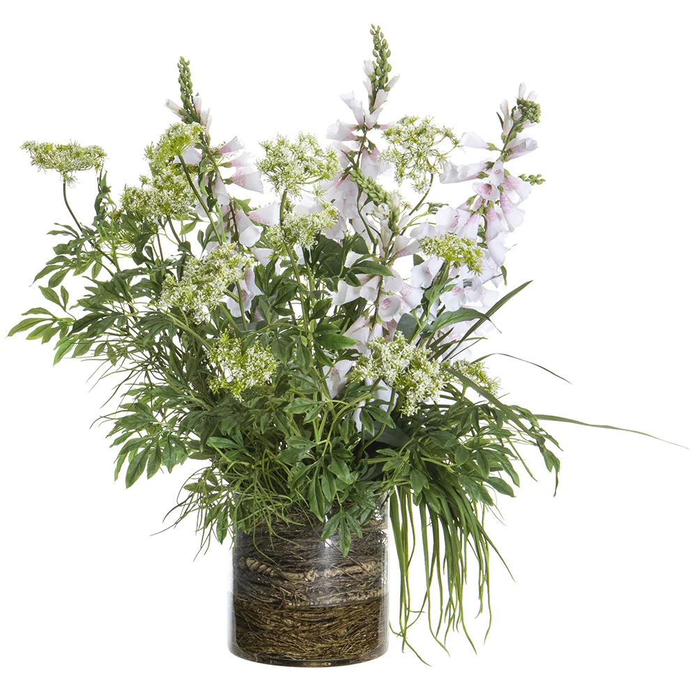 37"Hx37"W Queens Anne's Lace, Foxglove & Grass Silk Flower Arrangement w/Glass Vase -White/Pink
