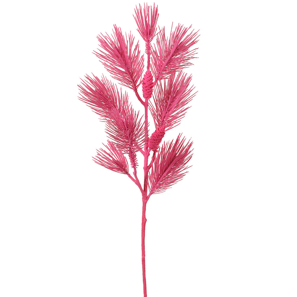38.5" Flocked Artificial Long Needle Pine & Pinecone Stem -Pink (Pack of 6)