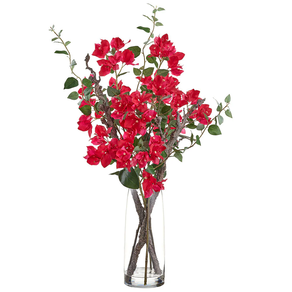 38.5" Silk Bougainvillea Flower & Twig Arrangement w/Glass Vase -Fuchsia