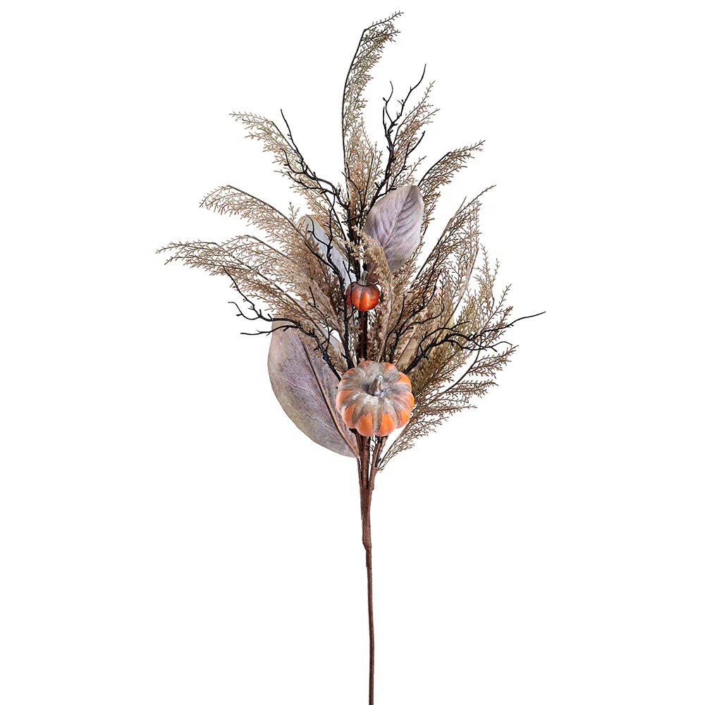 38" Artificial Pumpkin, Magnolia Leaf & Grass Stem -Orange/Gray (Pack of 6)