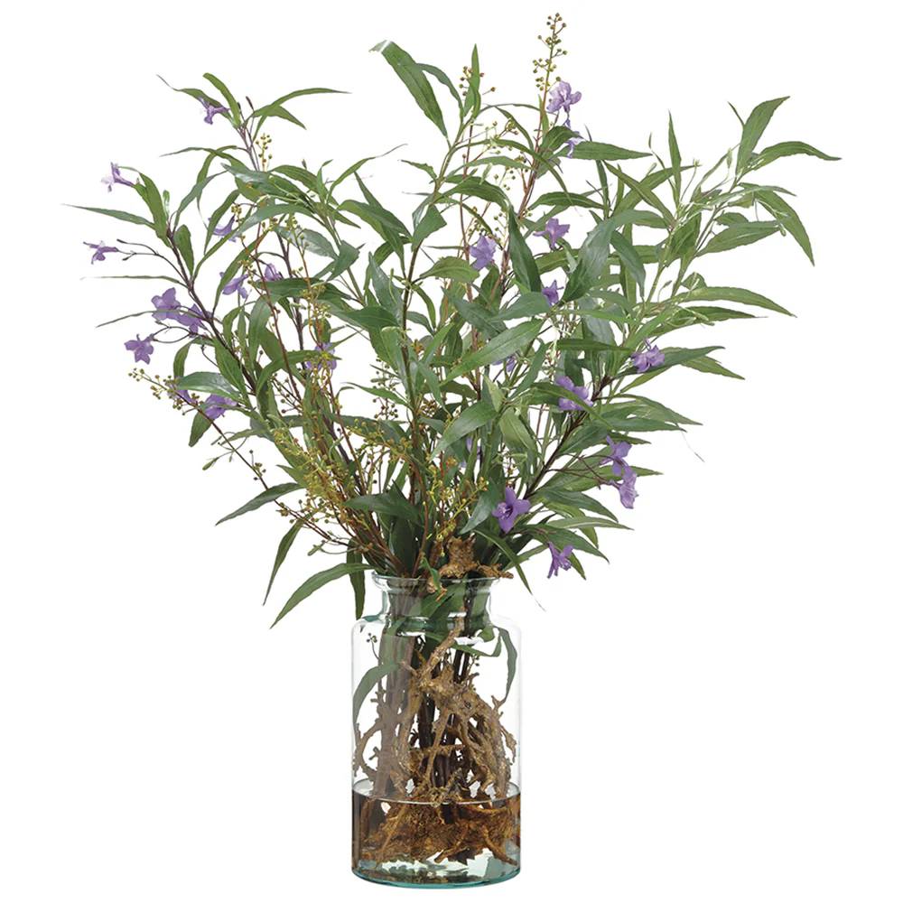39.5" Silk Ruellia Flower & Driftwood Arrangement w/Glass Vase -Purple/Green