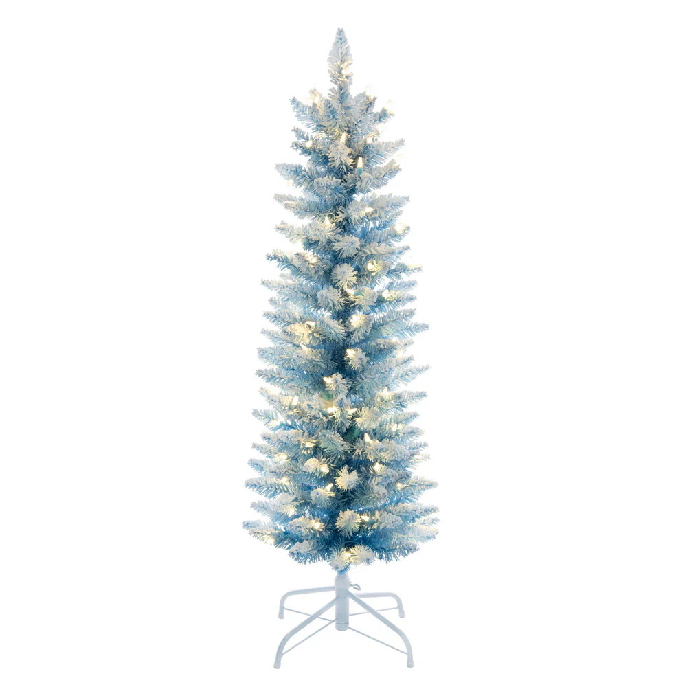 3'Hx16"W Flocked Fir Artificial Christmas Tree, LED Pre-Lit -Baby Blue/White