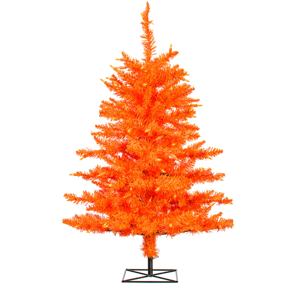 3'Hx25"W Fir Artificial Christmas Tree, LED Pre-Lit (Orange) -Orange