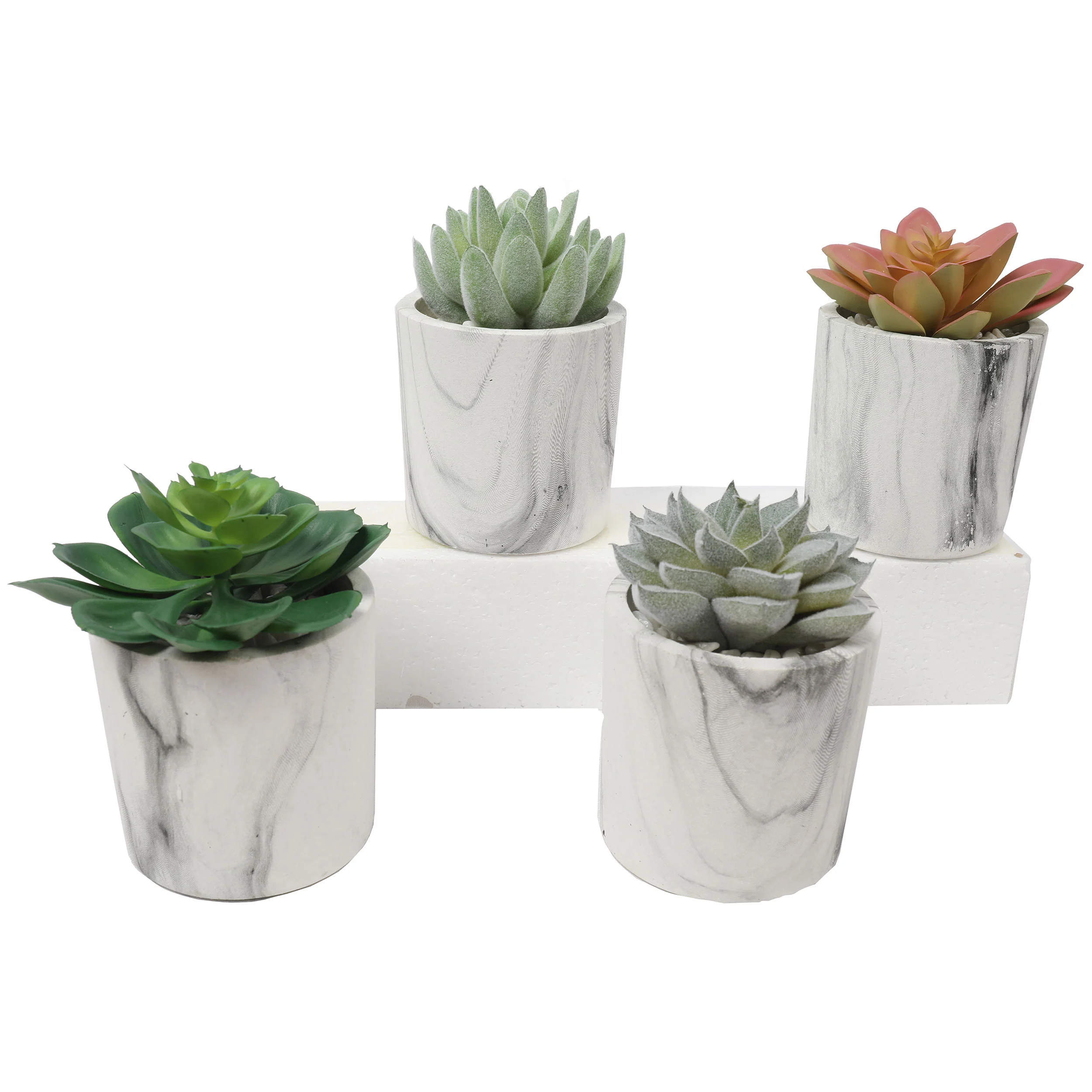 4.75" Set Of Assorted Succulent Artificial Plants w/Fake Marble Pots -Green/Burgundy