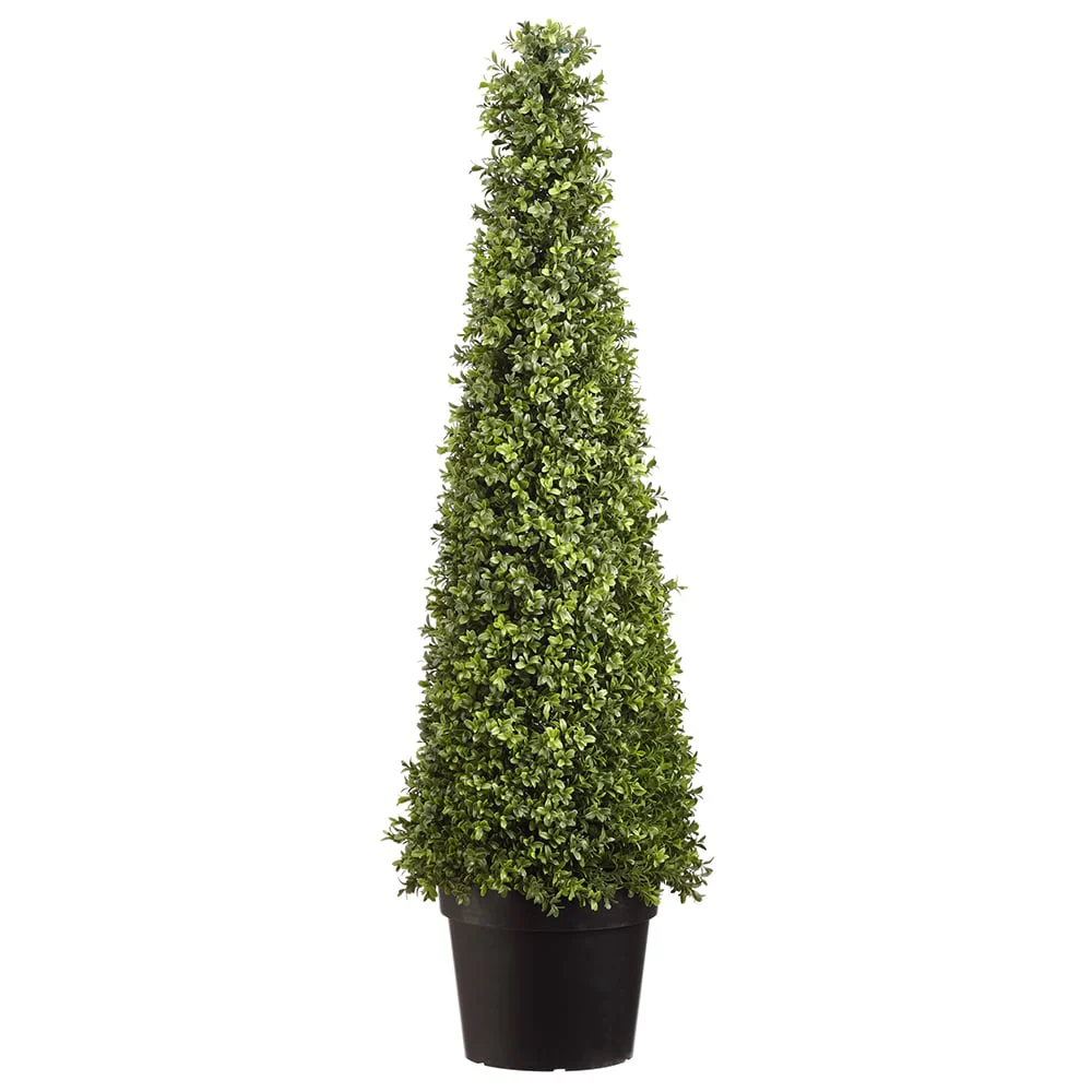 4' Outdoor UV-Resistant Artificial Boxwood Cone-Shaped Topiary w/Pot, Battery LED Pre-Lit -Green