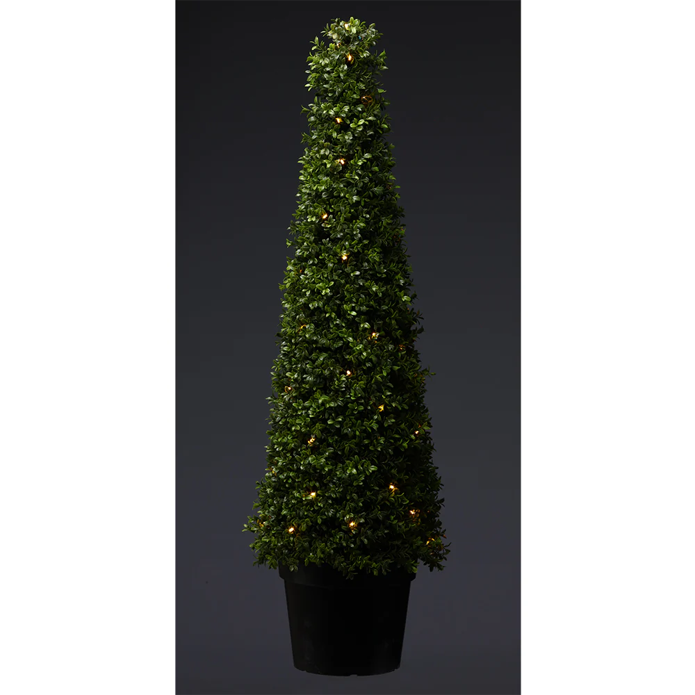 4' Outdoor UV-Resistant Artificial Boxwood Cone-Shaped Topiary w/Pot, Battery LED Pre-Lit -Green - Image 2