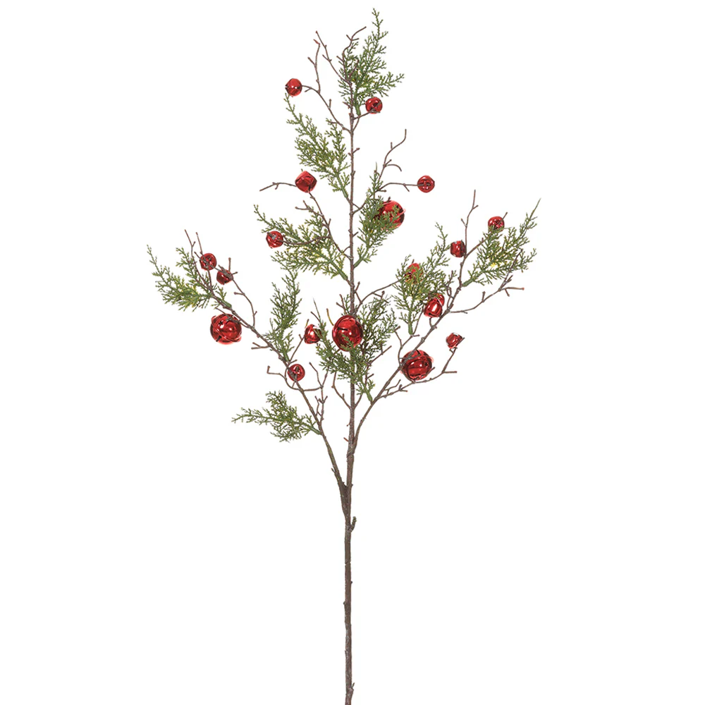 40" Artificial Pine & Red Jingle Bells Stem -Green/Red (Pack of 12)