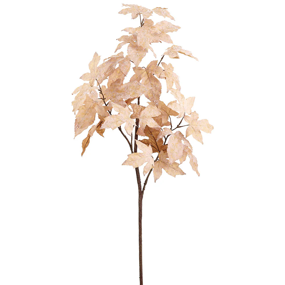 40" Beaded & Flocked Artificial Maple Leaf Stem -Tan/White (Pack of 12)