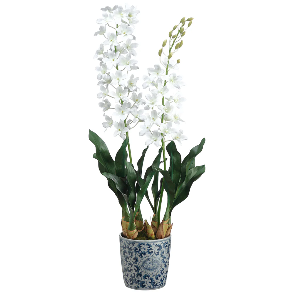 40" Silk Grammatophyllum Orchid Flower Arrangement w/Ceramic Vase -White