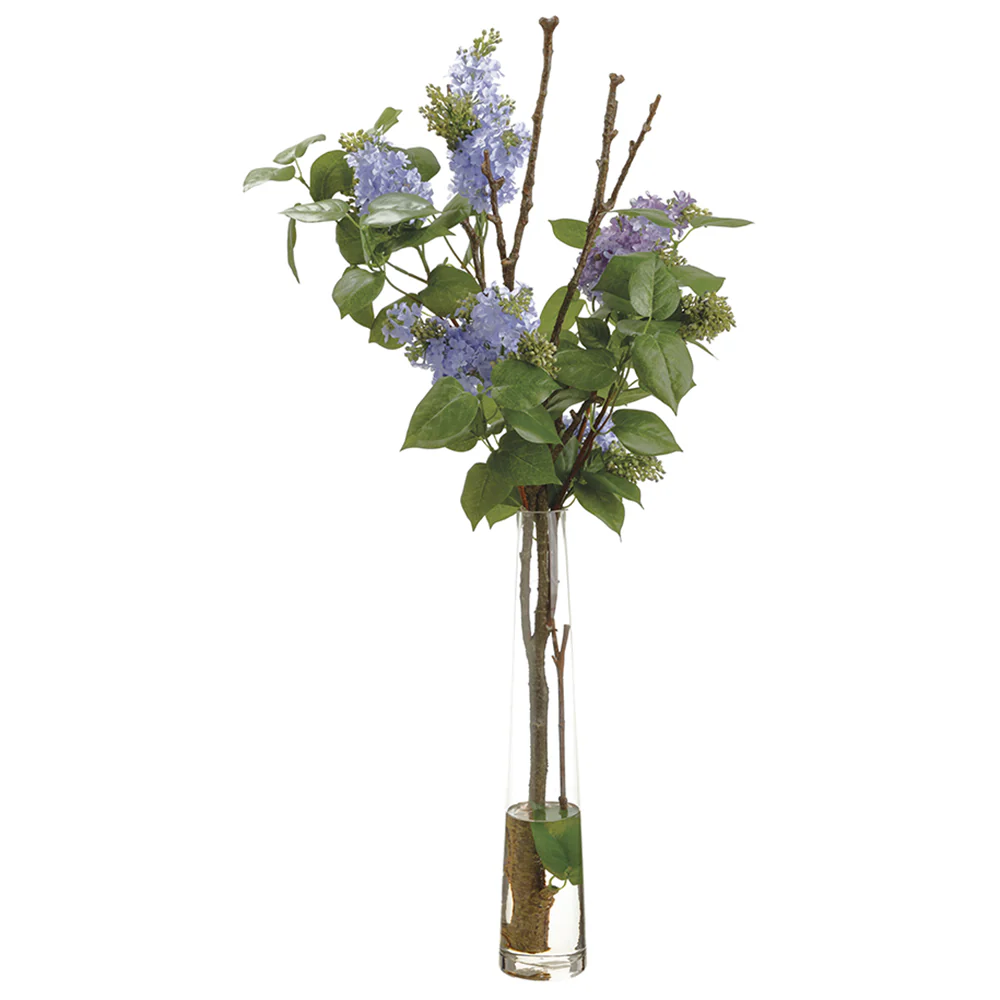 40" Silk Lilac Flower & Twig Arrangement w/Glass Vase -Light Blue
