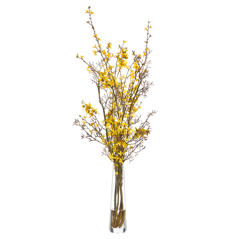 40"Hx24"W Forsythia Branch Silk Flower Arrangement w/Glass Vase -Yellow