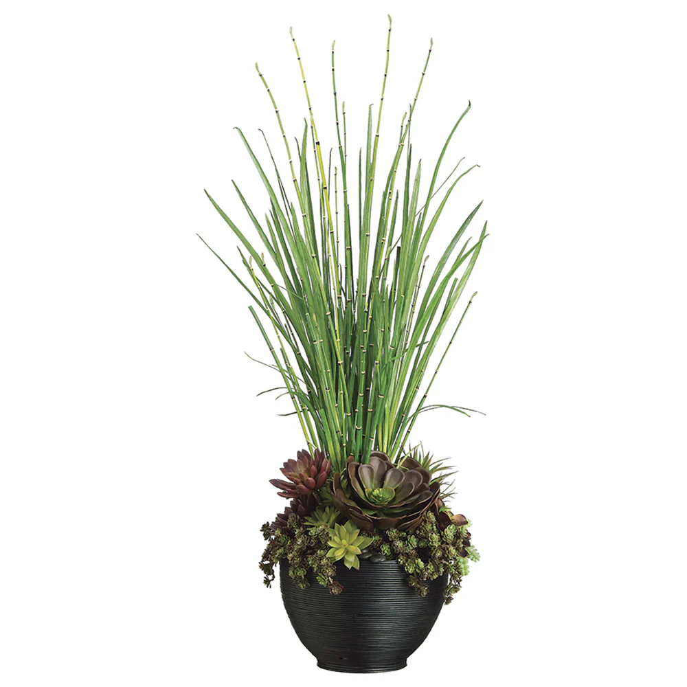 41"Hx15"W Echeveria, Succulent & Yucca Artificial Plant w/Bamboo Bowl -Burgundy/Green