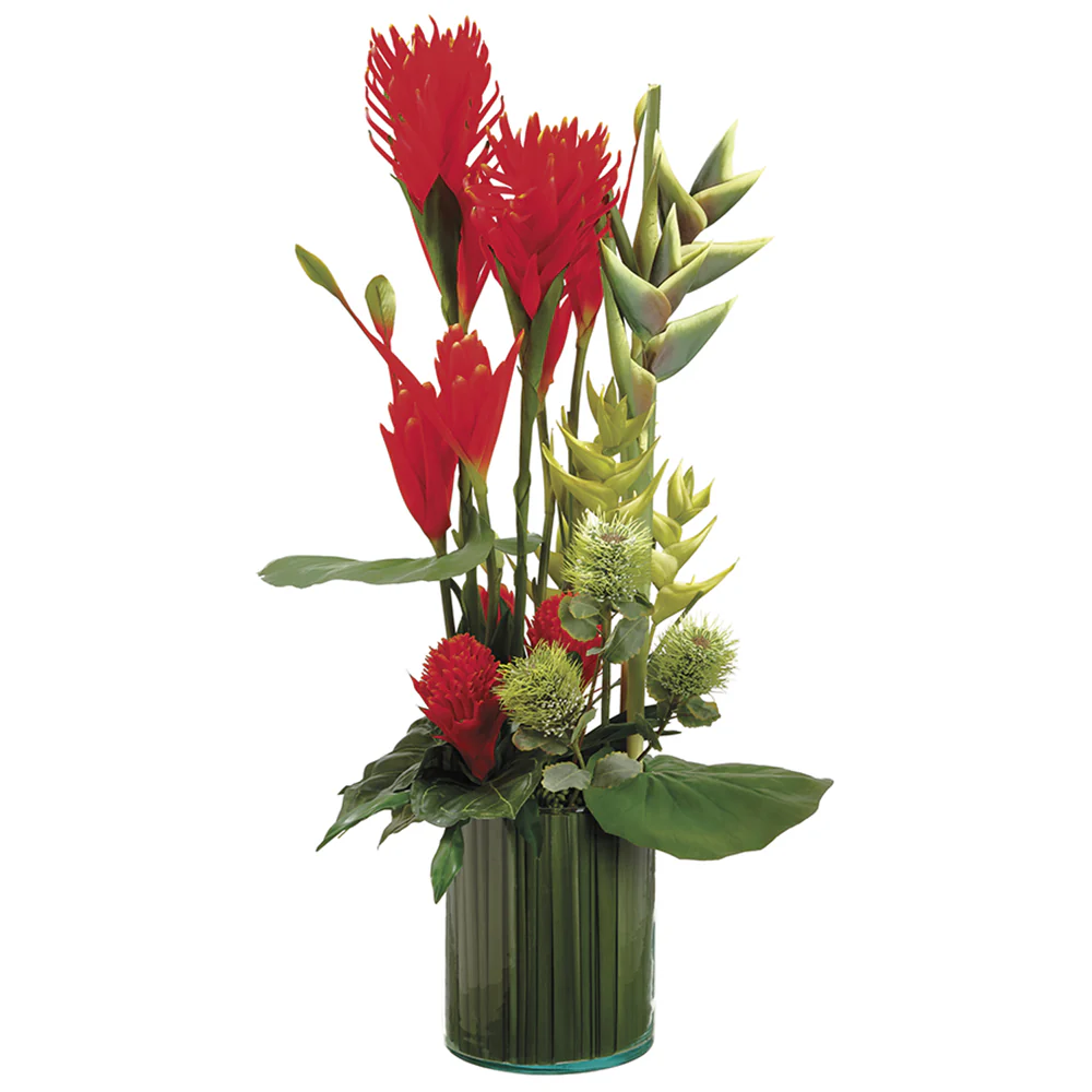 42.5" Mixed Silk Tropical Flower Arrangement w/Glass Vase -Orange/Red