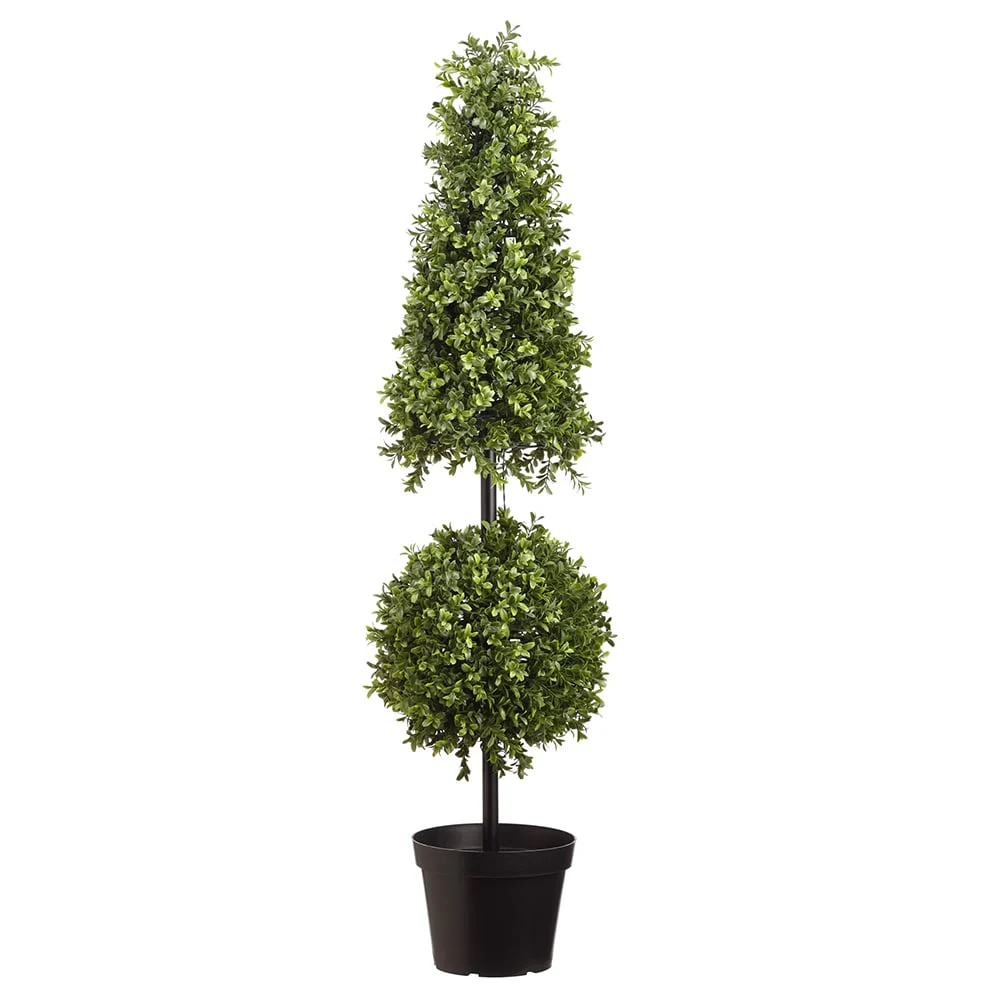 42" Outdoor UV-Resistant Artificial Boxwood Ball & Cone-Shaped Topiary w/Pot, Battery LED Pre-Lit -Green