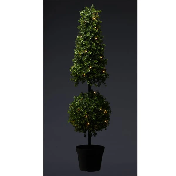 42" Outdoor UV-Resistant Artificial Boxwood Ball & Cone-Shaped Topiary w/Pot, Battery LED Pre-Lit -Green - Image 2