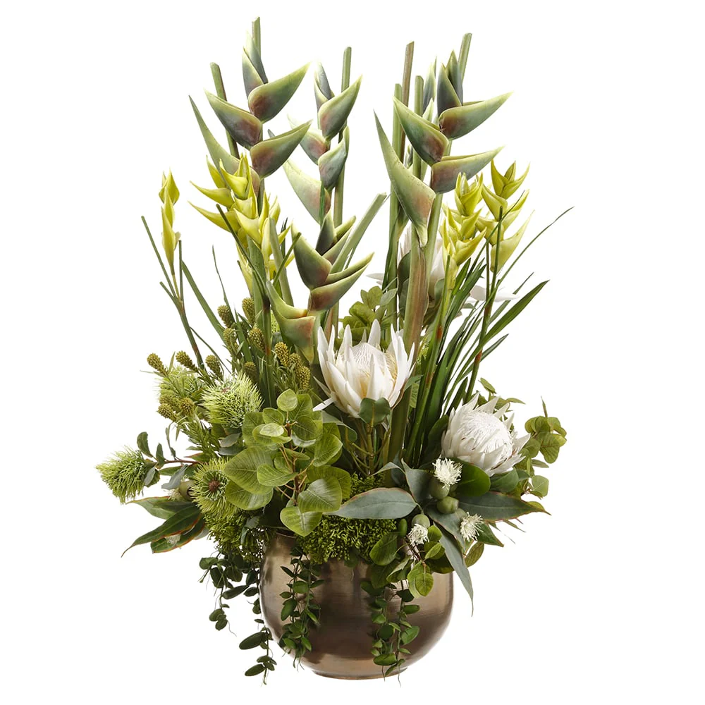 42"Hx30"W Artificial Heliconia & Protea Flower Arrangement w/Planter -Green/Cream
