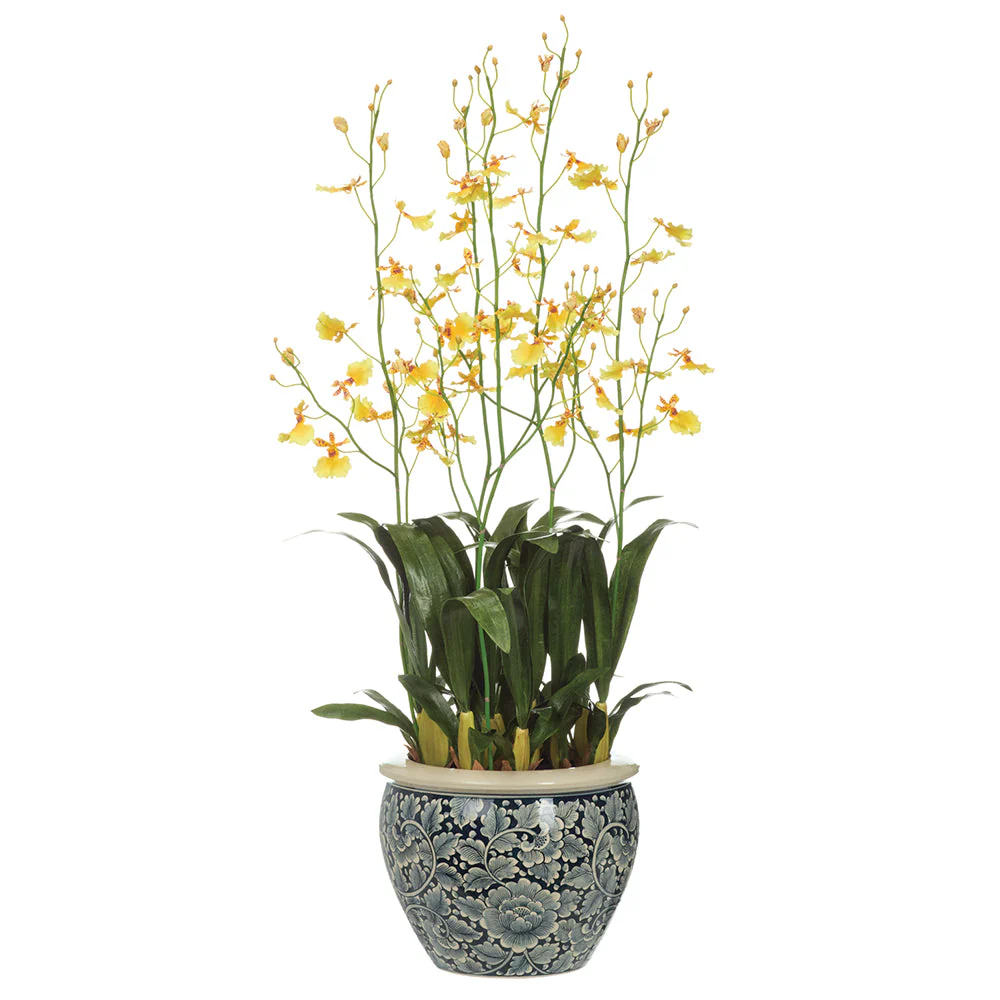 43" Hand-Wrapped Oncidium Orchid Artificial Flower Arrangement w/Ceramic Vase -Yellow