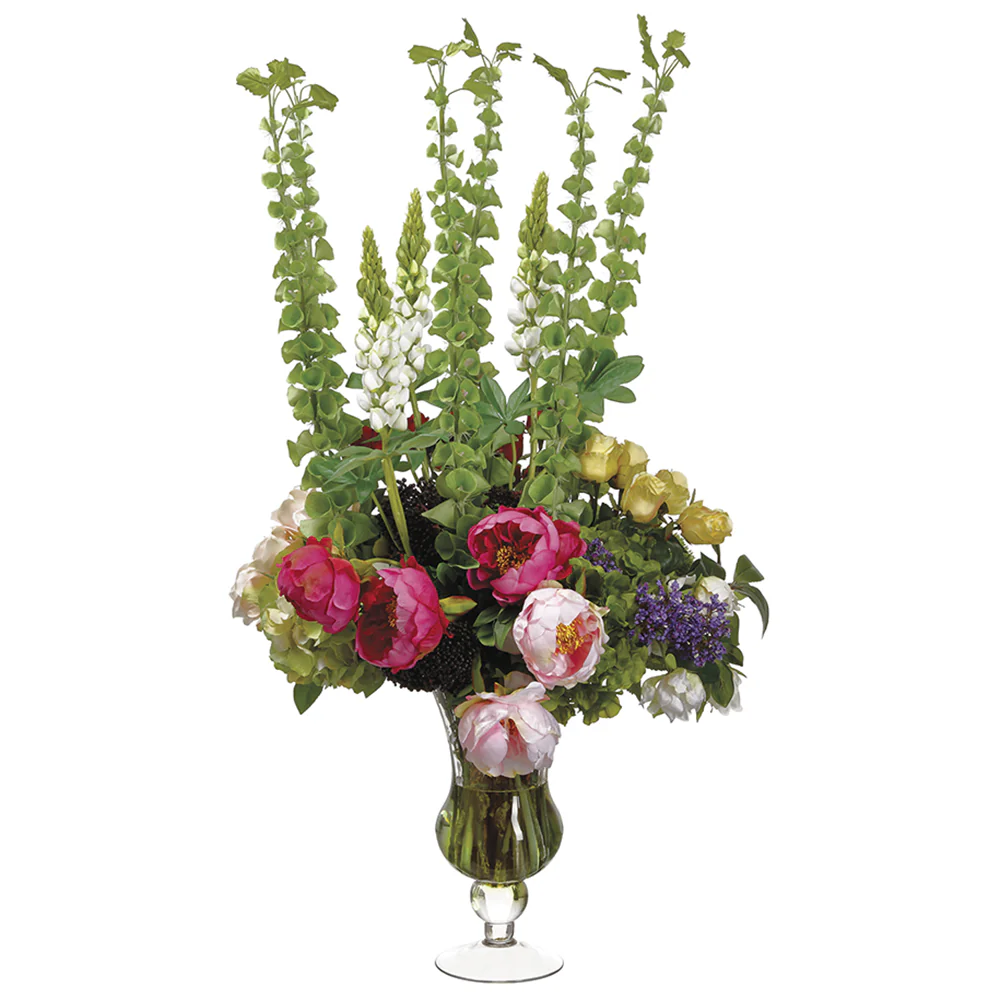 43"Hx26"W Rose, Peony & Bells Of Ireland Silk Flower Arrangement -Green/Fuchsia