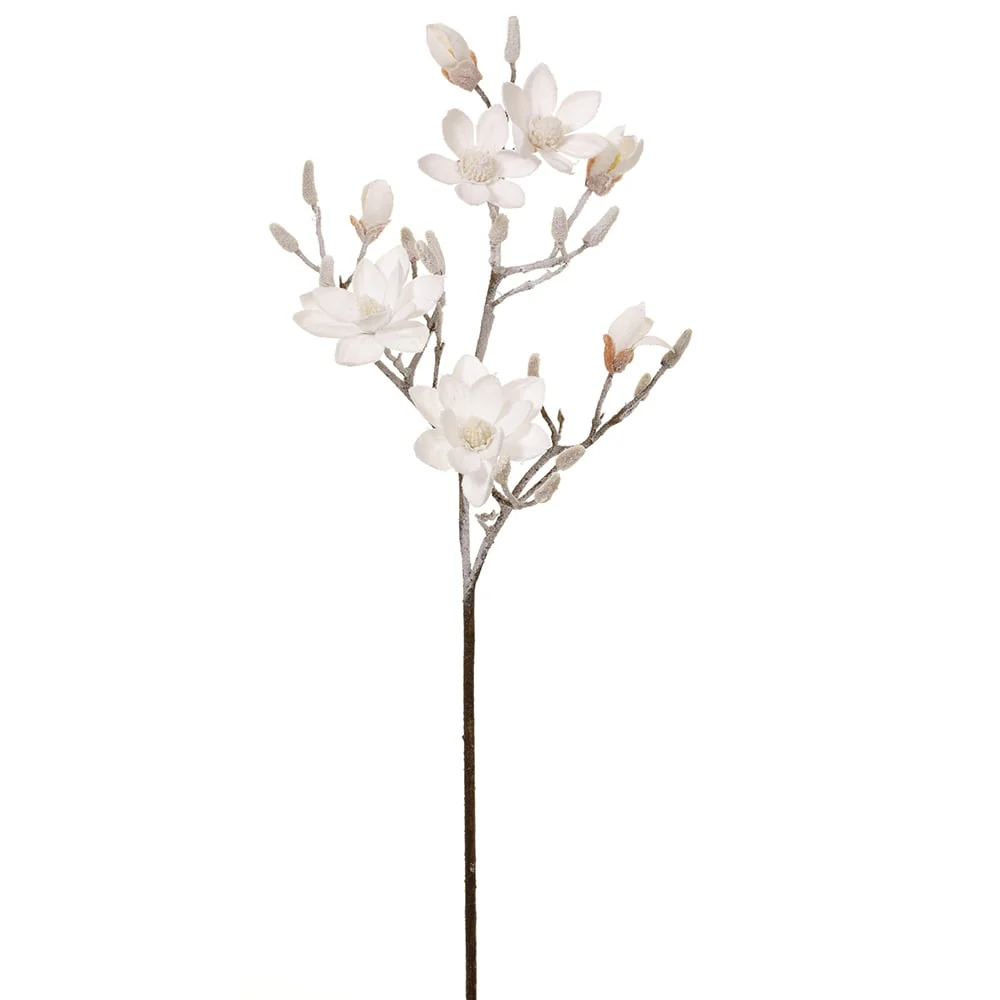 45" Flocked Artificial Magnolia Flower Stem -White (Pack of 6)