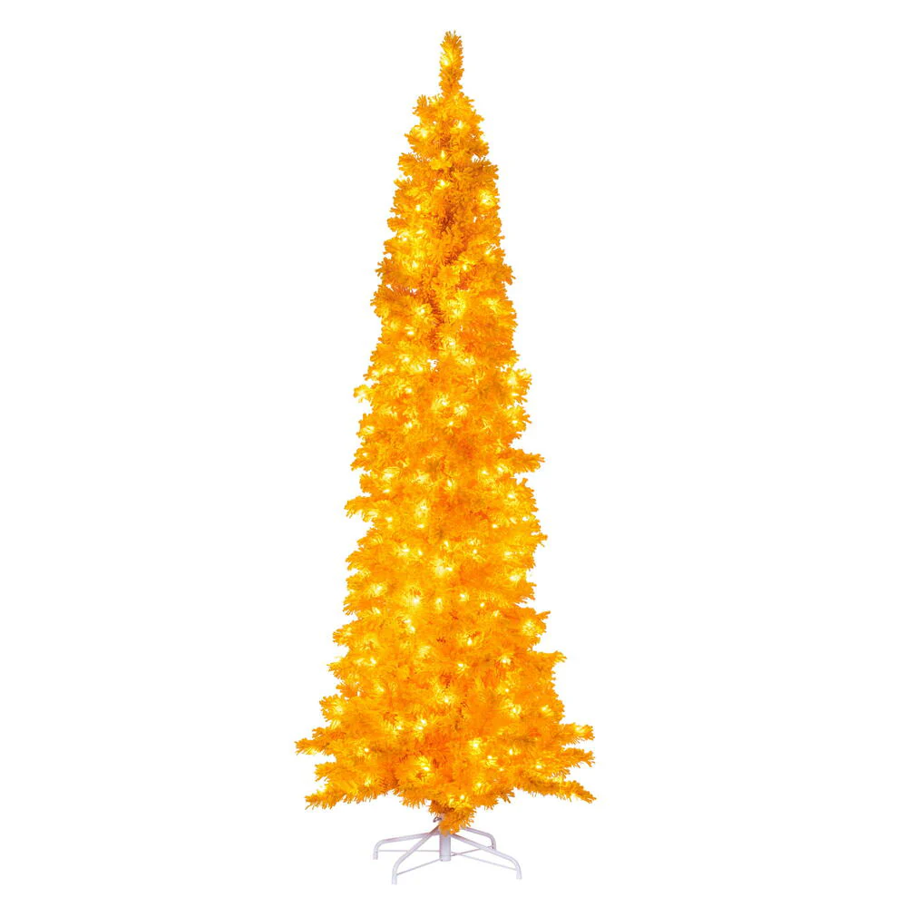 4'6"Hx19"W Flocked Pencil Fir Artificial Christmas Tree, LED Pre-Lit (Yellow) -Yellow