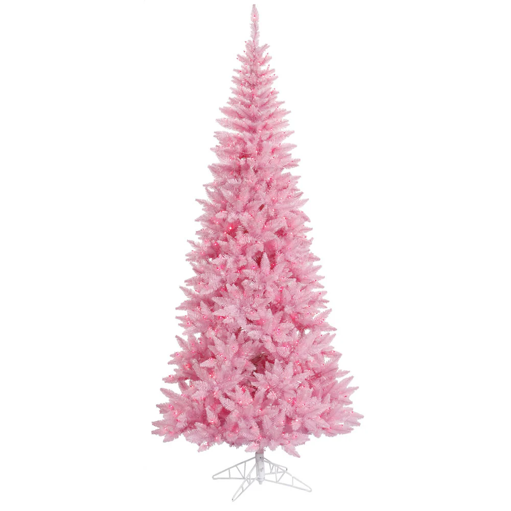 4'6"Hx24"W Slim Fir Artificial Christmas Tree, LED Pre-Lit (Pink) -Pink