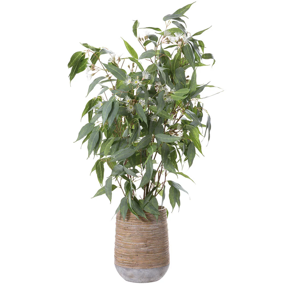 4'6"Hx34"W Blooming Eucalyptus Leaf Artificial Tree w/Cement Planter -Green