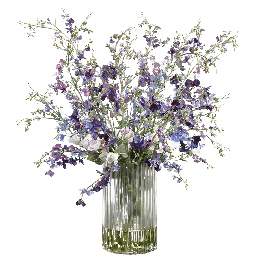 47"Hx39"W Sweet Pea & Ranunculus Silk Flower Arrangement w/Ribbed Glass Vase -Purple/Violet