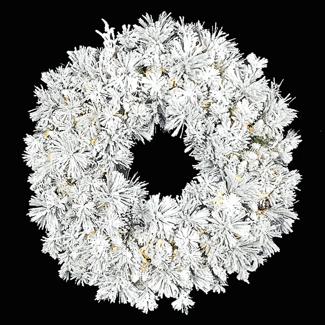 48" Heavy Flocked Artificial Pine & Pinecone Wreath, LED Pre-Lit -White